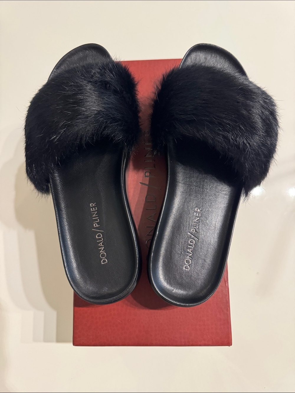 Donald J. Pliner Black Fur Slide Sandals with Plush Strap